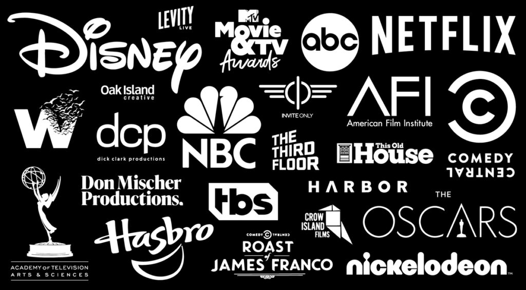 A collection of logos including: ABC, NBC, TBS, Disney, Netflix, AFI, Hasbro, Comedy Central, Nickelodeon, The Oscars