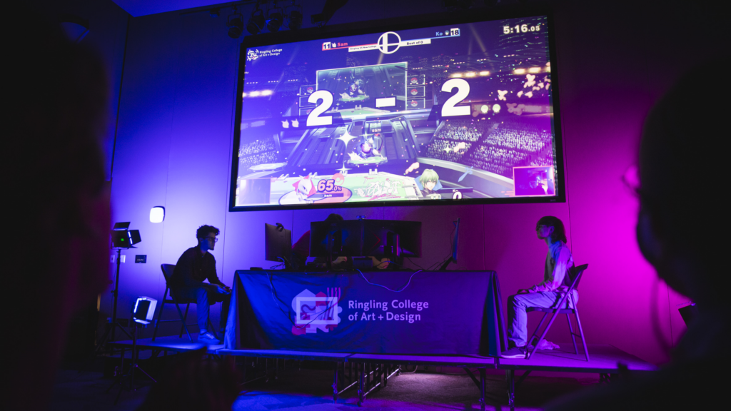 Ringling College battles New College in the early stages of their 6v6 crew battle in Super Smash Brothers Ultimate in front of a large crowd in the Larry R. Thompson Academic Center.