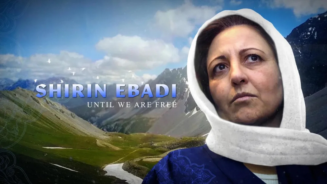 Film poster with a mountain landscape and the portrait of a woman in the foreground.
