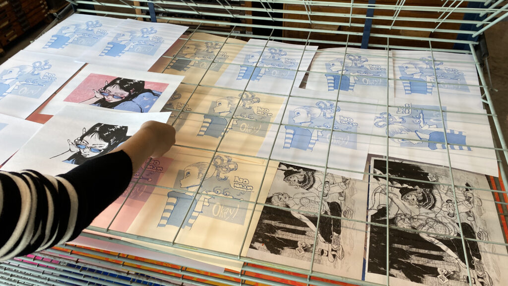 Riso prints on the drying rack.