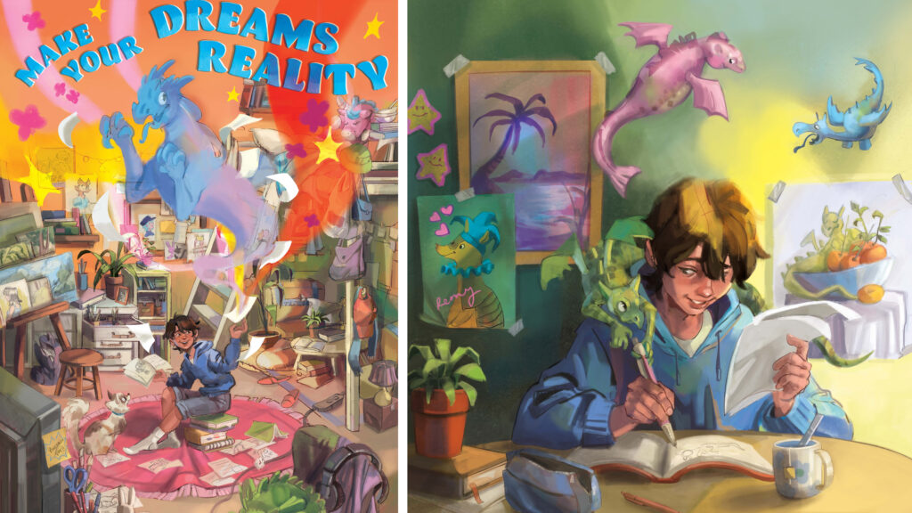 The front and back images of an admissions poster with colorful illustrations of a boy making art.