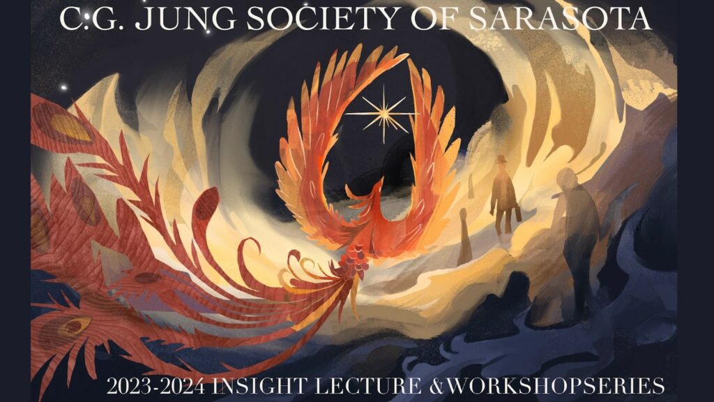 Illustration Phoenix bird and figures of humans walking in haze.