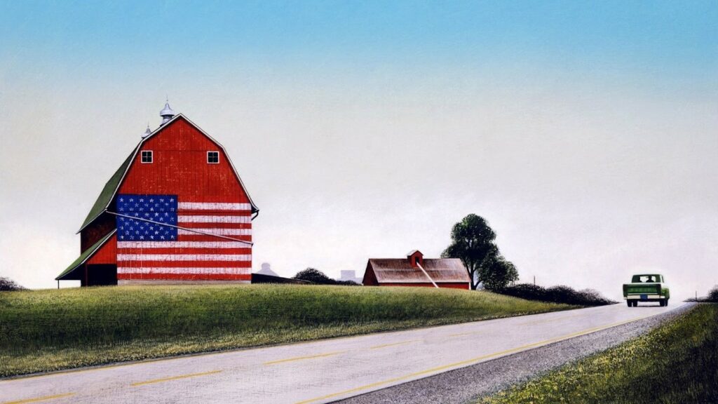 An illustration of a red barn with an American flag painted on the side behind a green truck driving down the road in the Midwest.