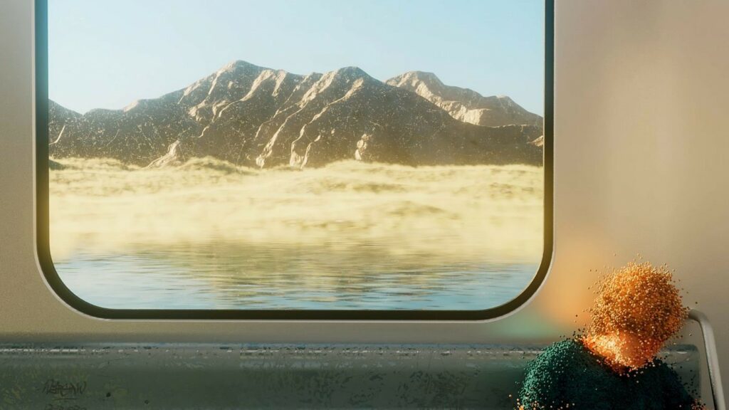 Animation still of a pixelated man sitting on a train with a mountain view out the train window