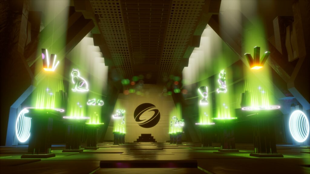 A game environment that looks like a temple with different symbols like a cat and dragon illuminated in green light.