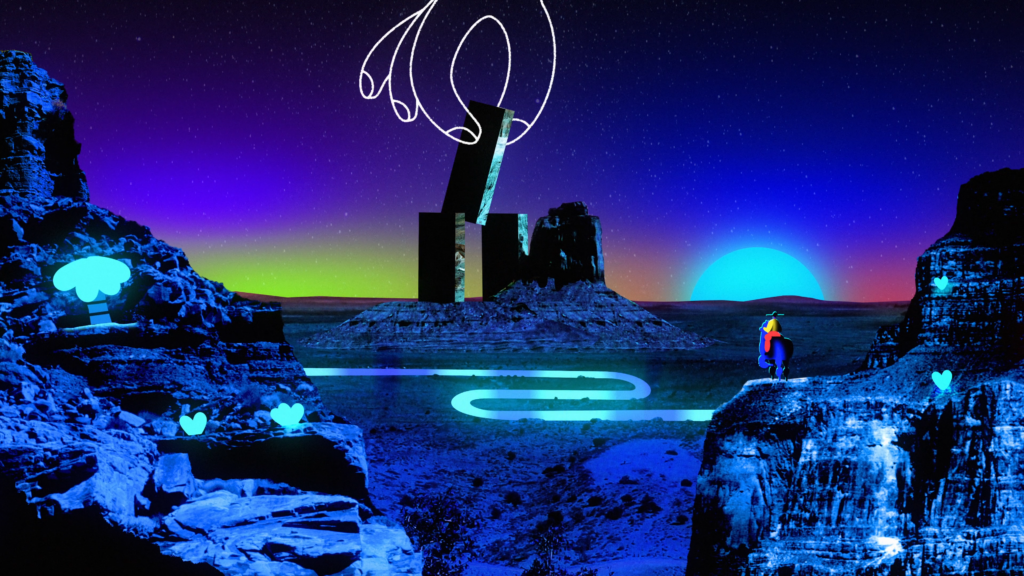 A still image of a motion graphic featuring a blue hued desert with a line drawn hand reaching down to arrange some of the elements.