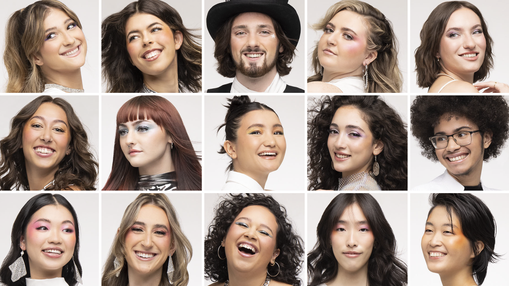 A composite of 15 student headshots all dressed in silver and white.