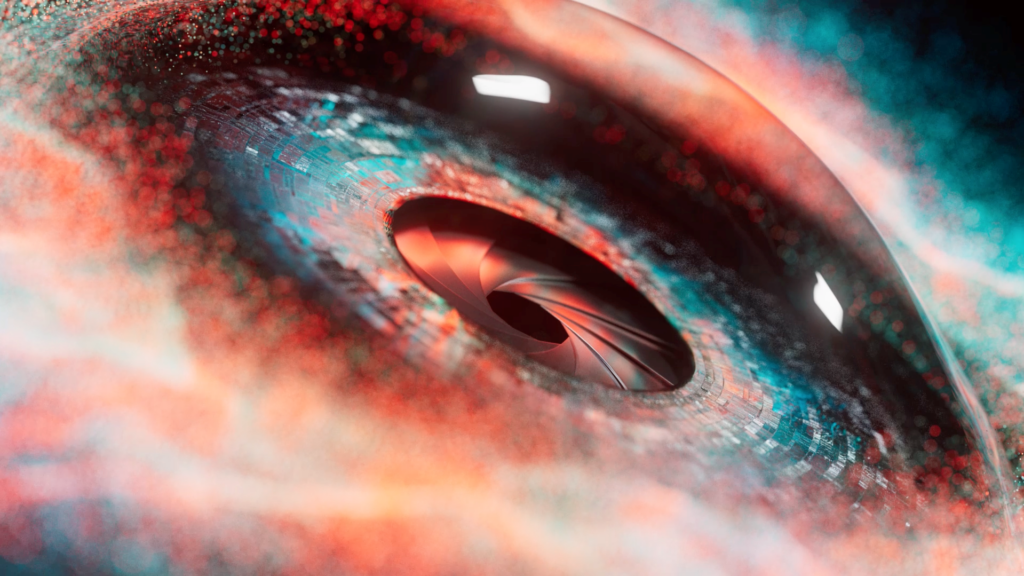 A still from a motion design animation that resembles a close-up of a red and blue mechanical eyeball.