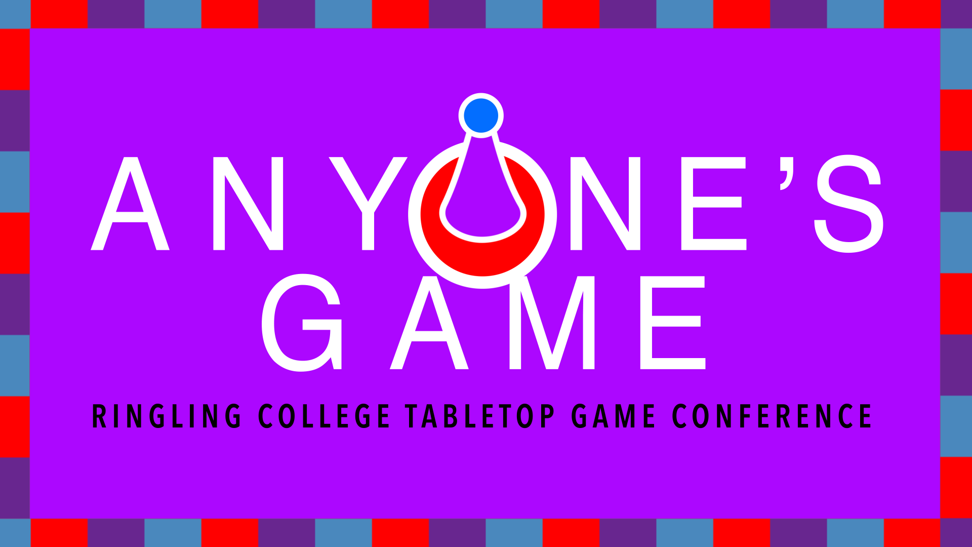 A purple, pink, and blue logo for Anyone’s Game tabletop game conference