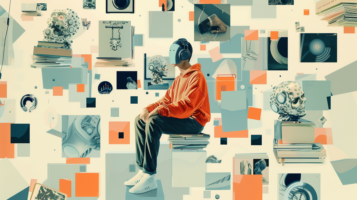 An AI-generated image of a boy sitting on books surrounded by other media and orange and blue squares