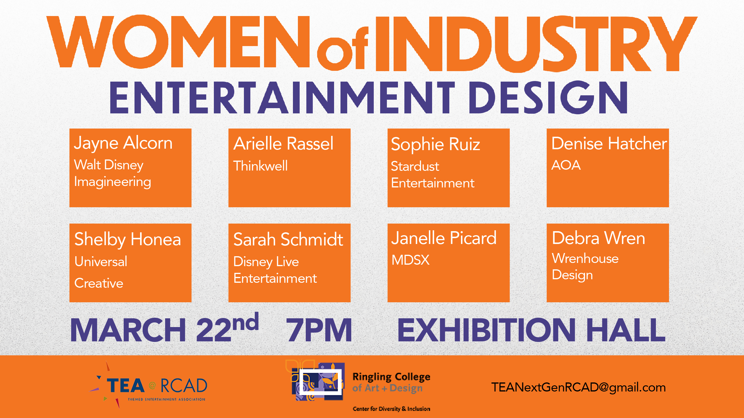 Orange and gray graphic announcing Women of Industry panelists and details