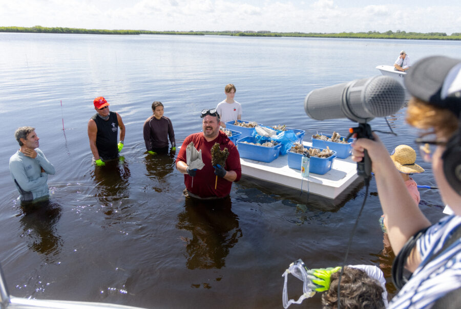 Film students on location with the Oyster River Ecology team, filming a short documentary.