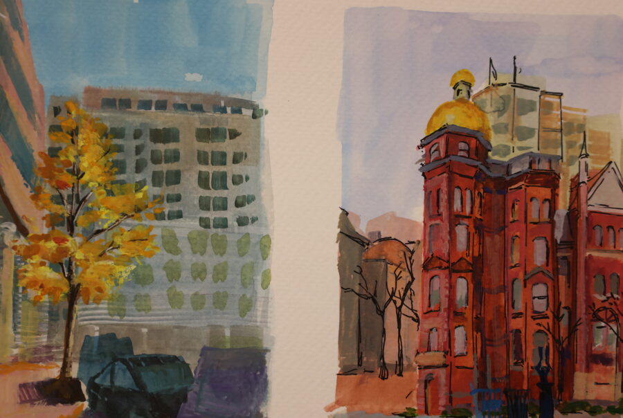 Sketchbook drawings of buildings