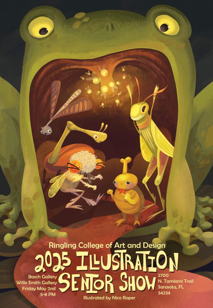 Poster with illustrations of bugs hanging out on what appears to be a red carpet, but is really the tongue of a frog.