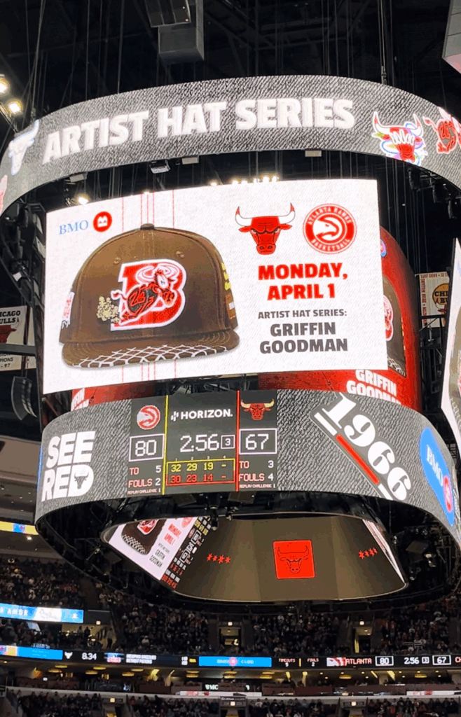 Griffin Goodman-Bulls merch on the United Center scoreboard.