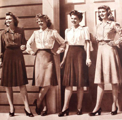 1940s women wearing coordinated skirts and blouses standing together