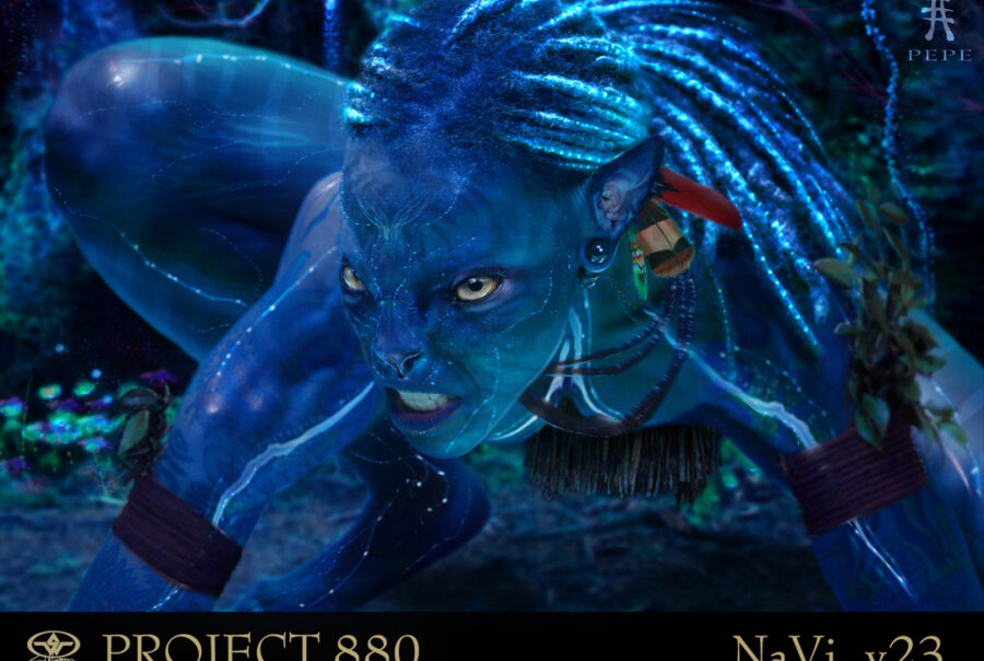 A blue character from the Avatar series crouching and snarling.
