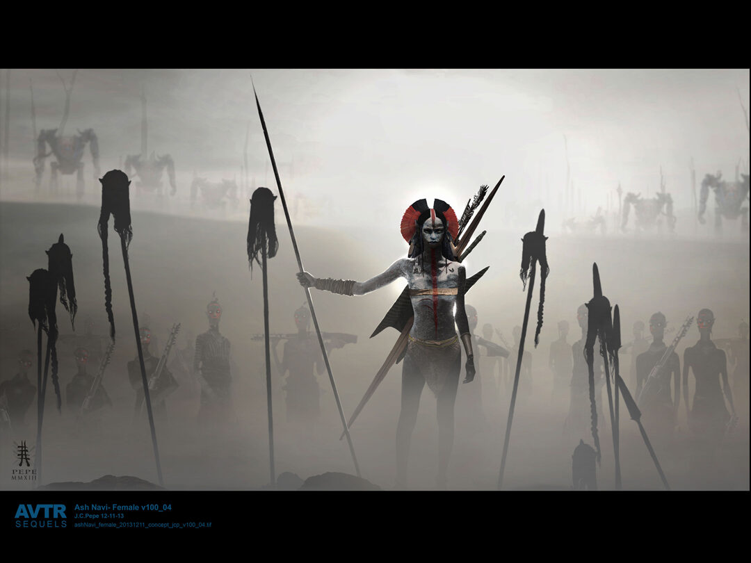 A character with grey, black, and white skin stands in the middle of what looks like a battle field wearing a black and red fanned crown and holding a spear. More characters can be faintly seen in the  background. 