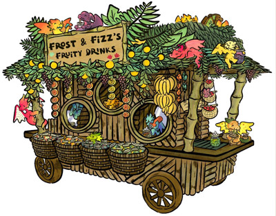Theme park beverage cart design titled 'Frost & Fizz’s Fruity Drinks,' featuring a whimsical wooden cart decorated with tropical foliage, fruit, and illustrated animals