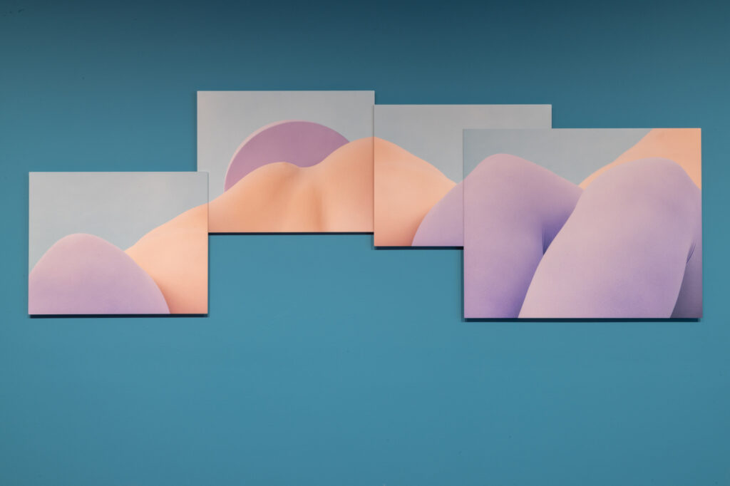 photographs on blue wall