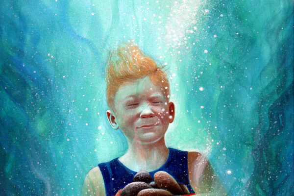 Illustration of a young person underwater holding rocks, surrounded by flowing blue and green textures and bubbles