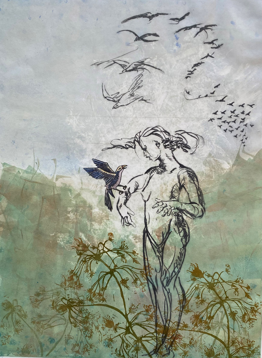 Mixed-media illustration of a figure standing among plants with birds flying overhead in a soft, textured landscape