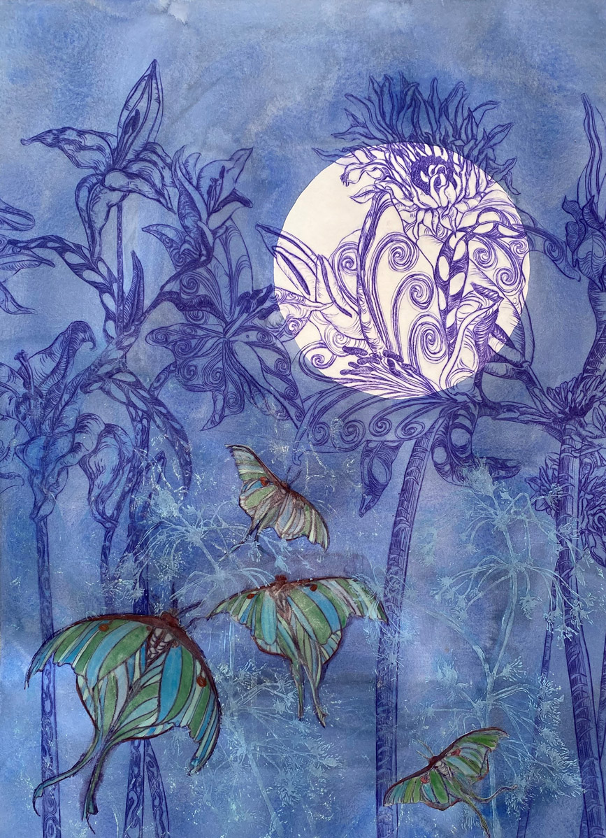 Dreamlike blue-toned artwork featuring stylized plants, butterflies, and a glowing moon in a layered composition