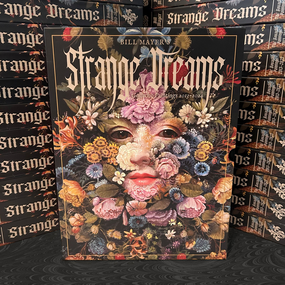 Book cover of Strange Dreams by Bill Mayer featuring a surreal portrait composed of flowers and botanical elements