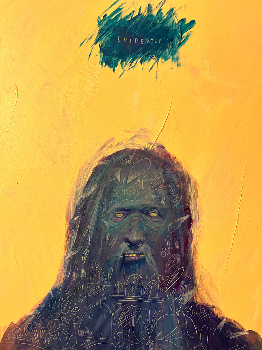 Abstract portrait of a human figure with textured patterns and muted colors set against a warm yellow background