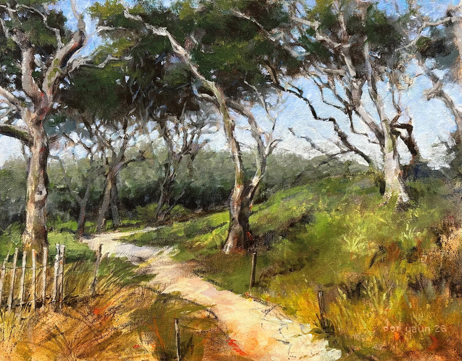 Impressionistic landscape painting of a wooded path winding through trees and grassy terrain