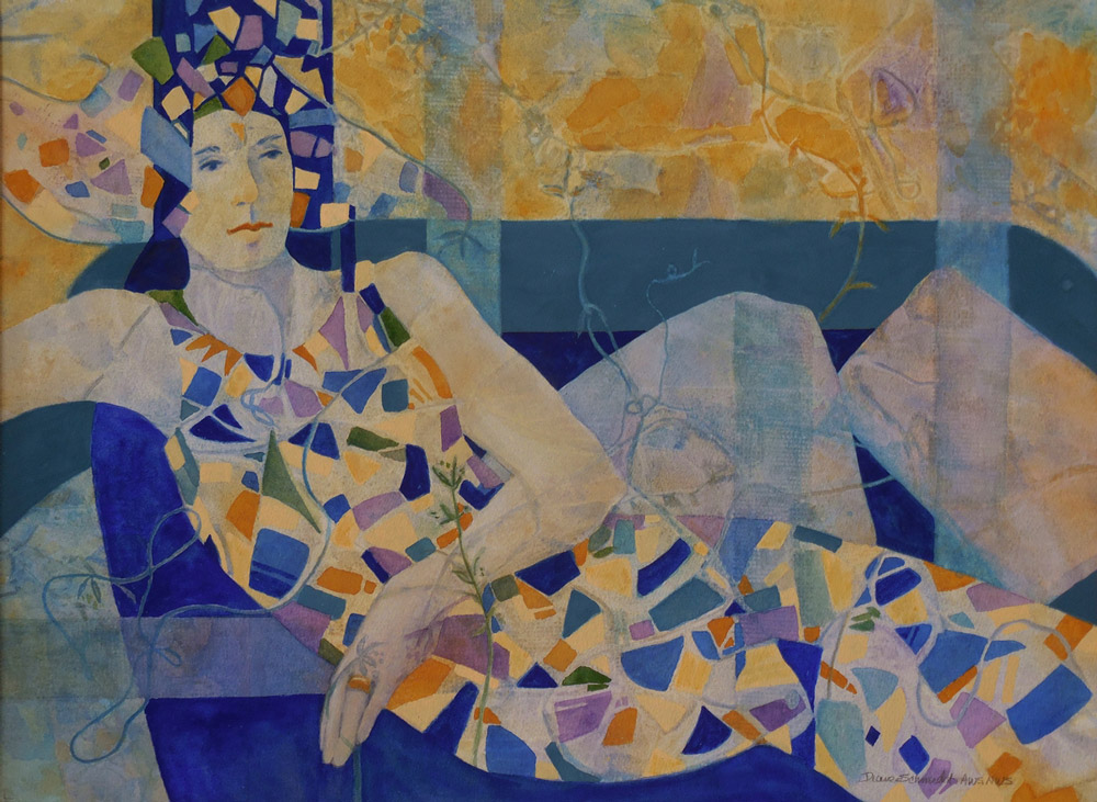 Stylized painting of a reclining figure composed of colorful mosaic-like patterns set against a soft, textured background