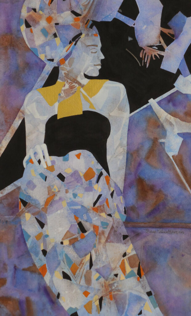 Abstract figurative painting of a seated person with fragmented, geometric patterns and soft blended colors