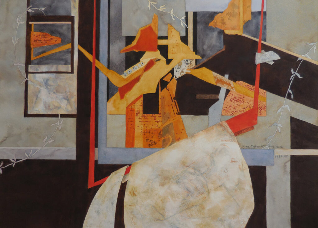 Abstract mixed-media composition with layered geometric shapes, lines, and warm tones in a structured, collage-like arrangement