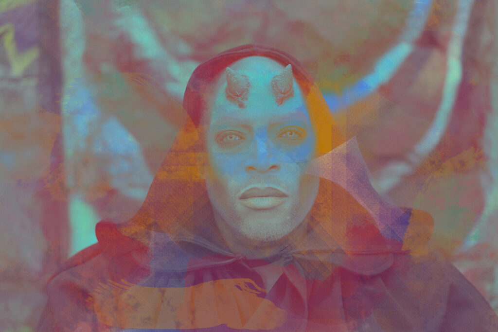 Surreal portrait of a person with soft blended colors and layered abstract shapes, featuring a dreamlike expression