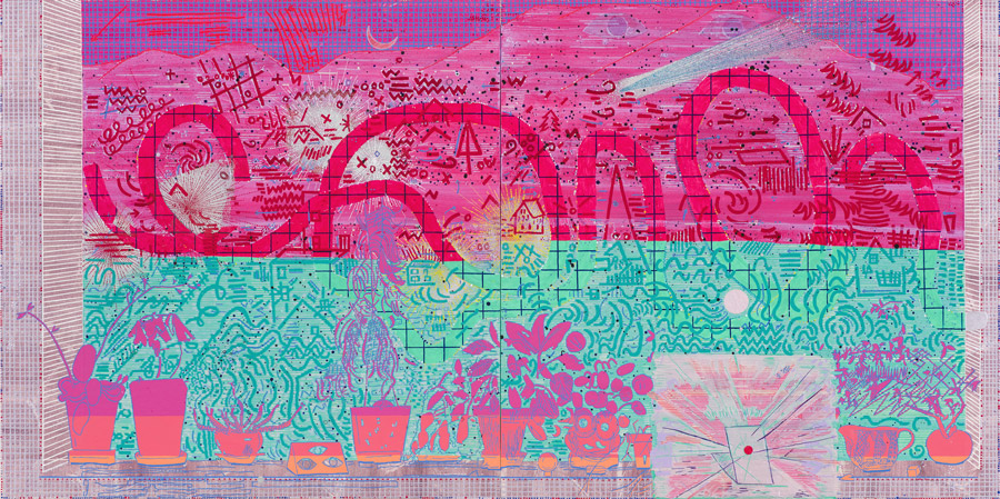 Vibrant mixed-media artwork featuring abstract patterns, plants, and layered textures in pink and teal tones with decorative symbols and a flowing ribbon-like form