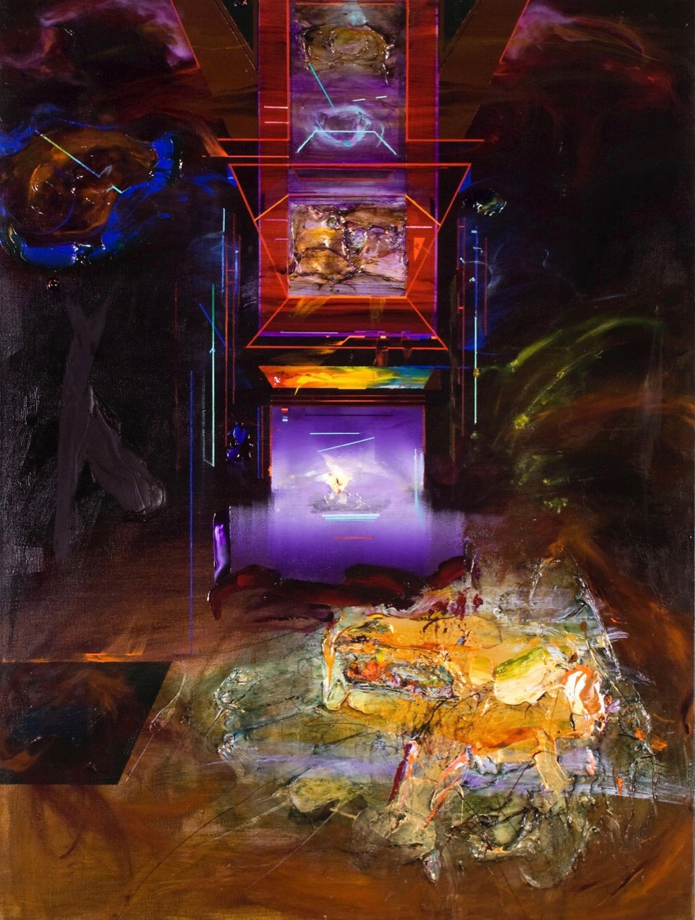 Abstract mixed-media painting with layered textures, glowing geometric forms, and vibrant neon colors suggesting a surreal interior space