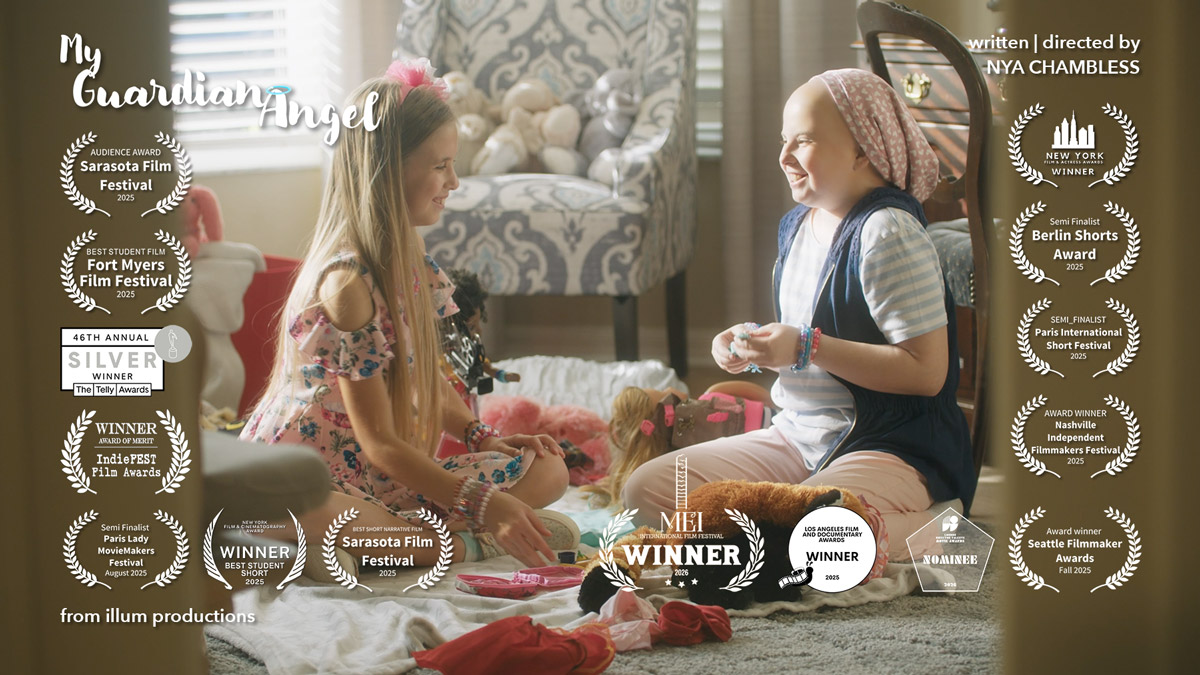 Film still of two young girls sitting on the floor playing together, surrounded by toys, with award laurels and the title “My Guardian Angel” overlaid