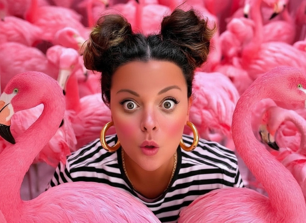 Surprised woman with hair in two buns surrounded by a flock of bright pink flamingos, creating a playful and surreal scene