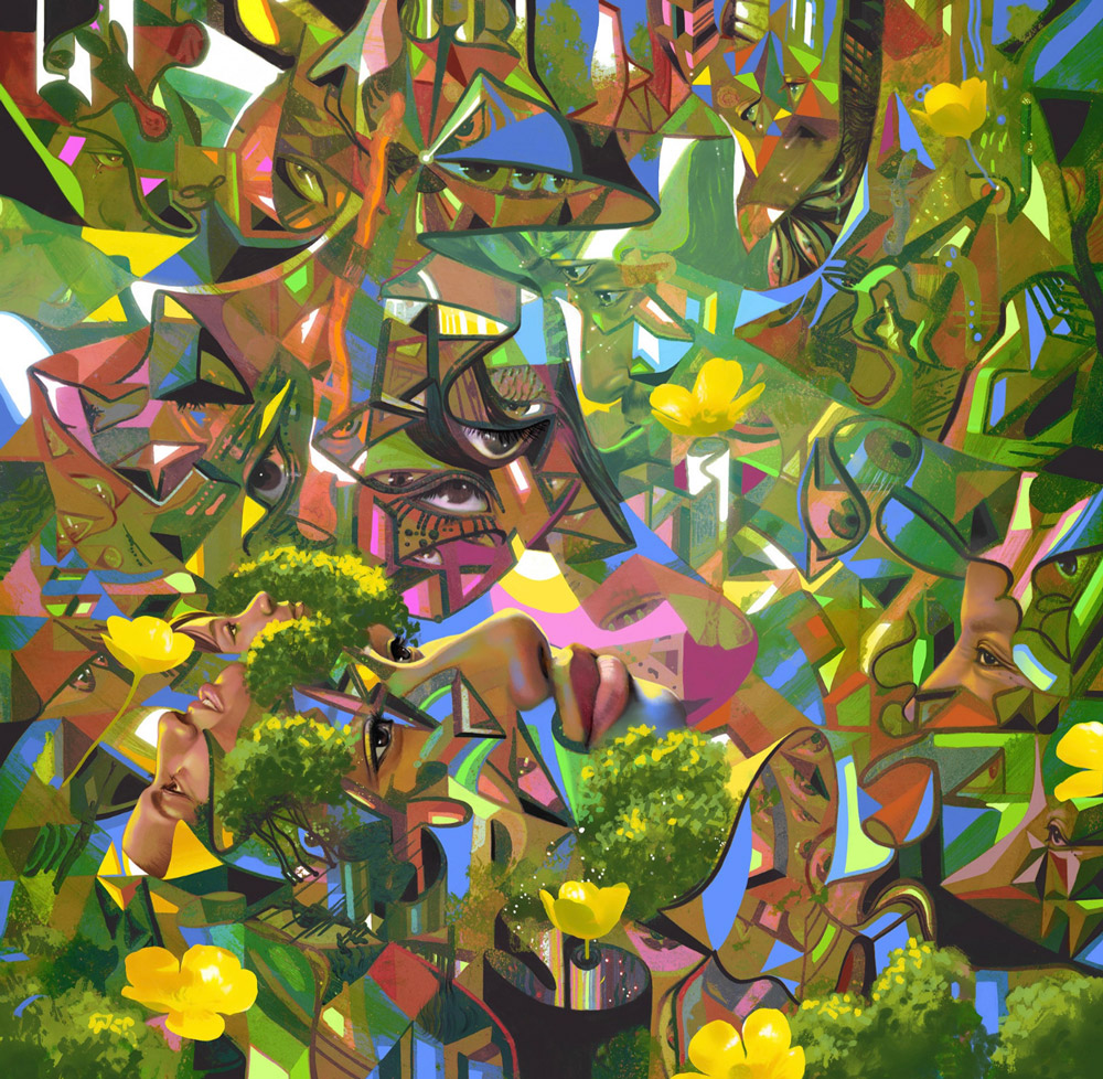 Vibrant abstract painting featuring fragmented faces, geometric shapes, and layered natural elements with bright yellow flowers