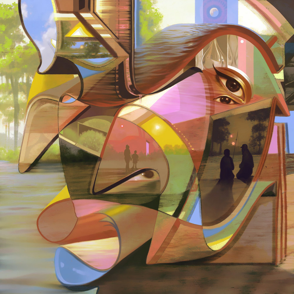 Cubist-style abstract portrait with overlapping facial features, architectural elements, and reflective surfaces in warm tones