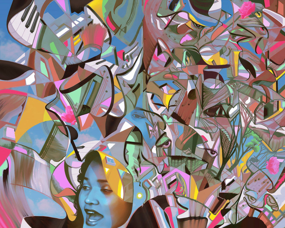 Colorful abstract composition blending a human figure with layered geometric shapes, patterns, and expressive lines