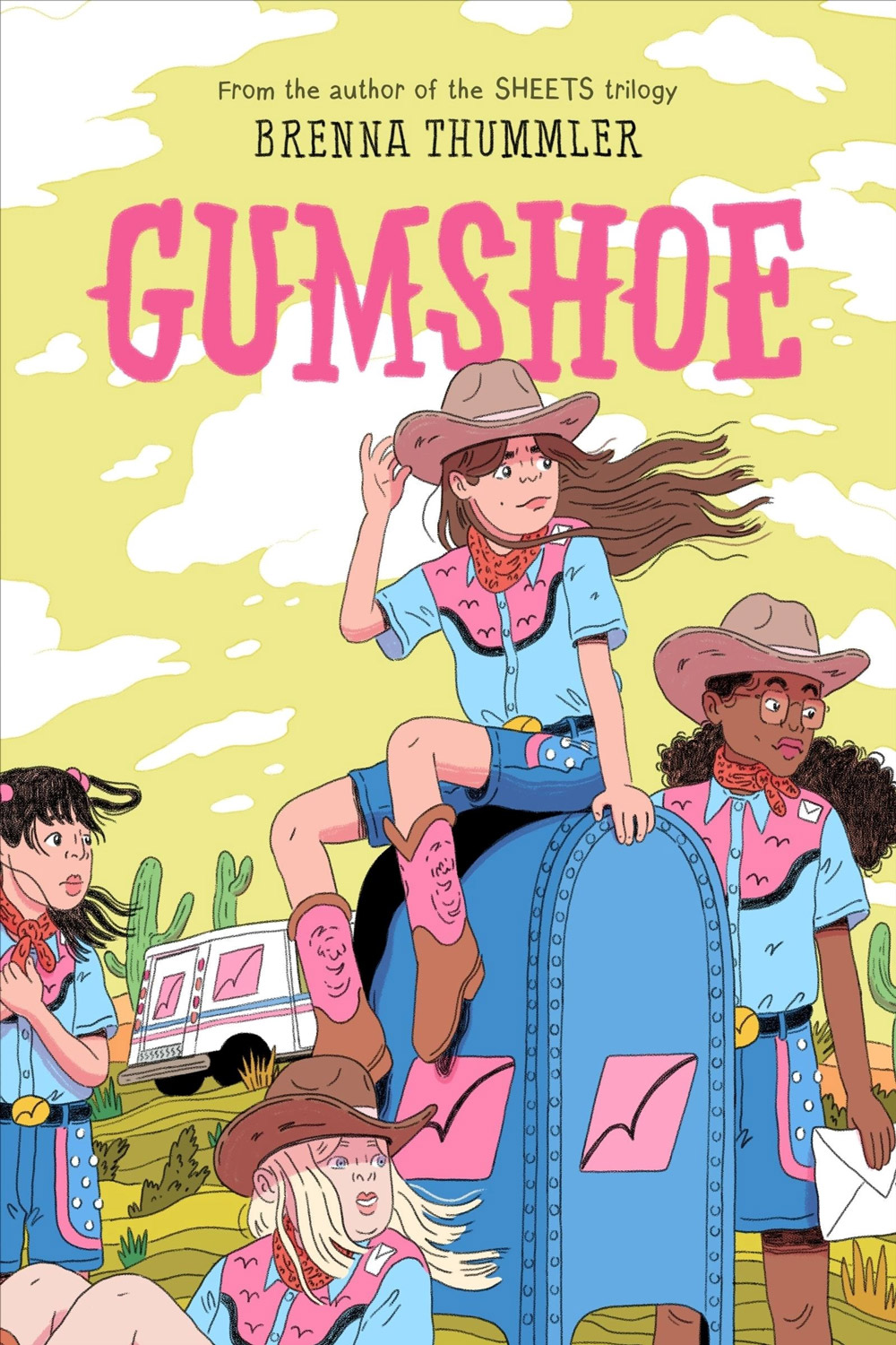 Illustrated book cover titled “Gumshoe” showing a young girl dressed as a detective sitting on a mailbox, with other children and a rural background scene