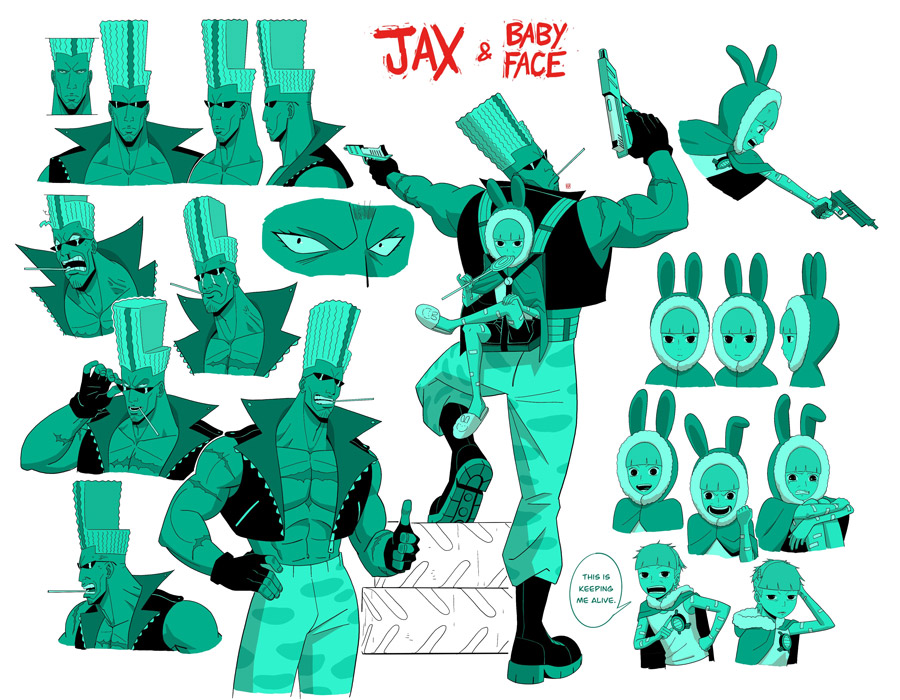 Character design sheet featuring multiple stylized figures and expressions for a character labeled Jax in a teal color palette