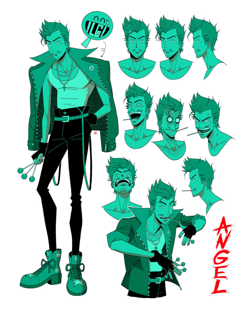 Character design turnaround and expression sheet for a punk-styled character named Angel in a monochrome teal palette