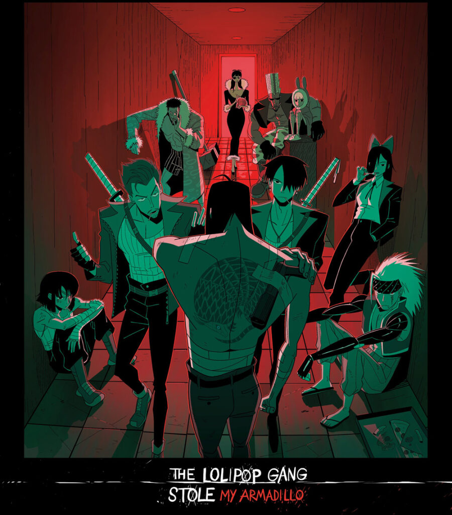 Illustrated scene of a group confrontation in a red hallway featuring stylized characters in dramatic lighting