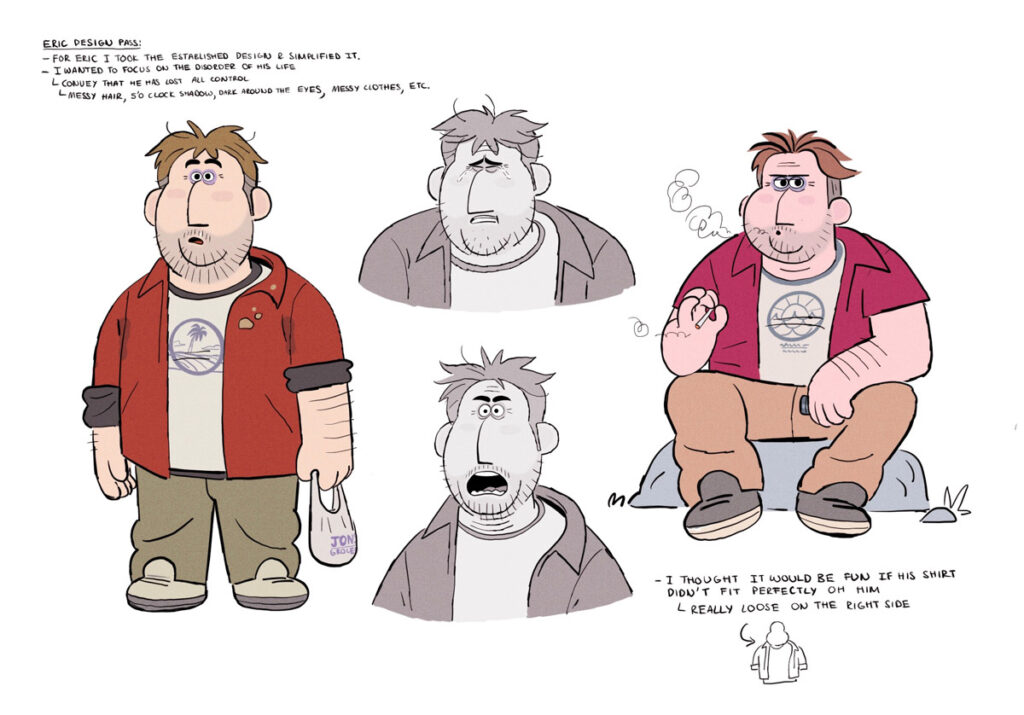 Character model sheet showing a stocky man with multiple facial expressions and poses in a casual outfit