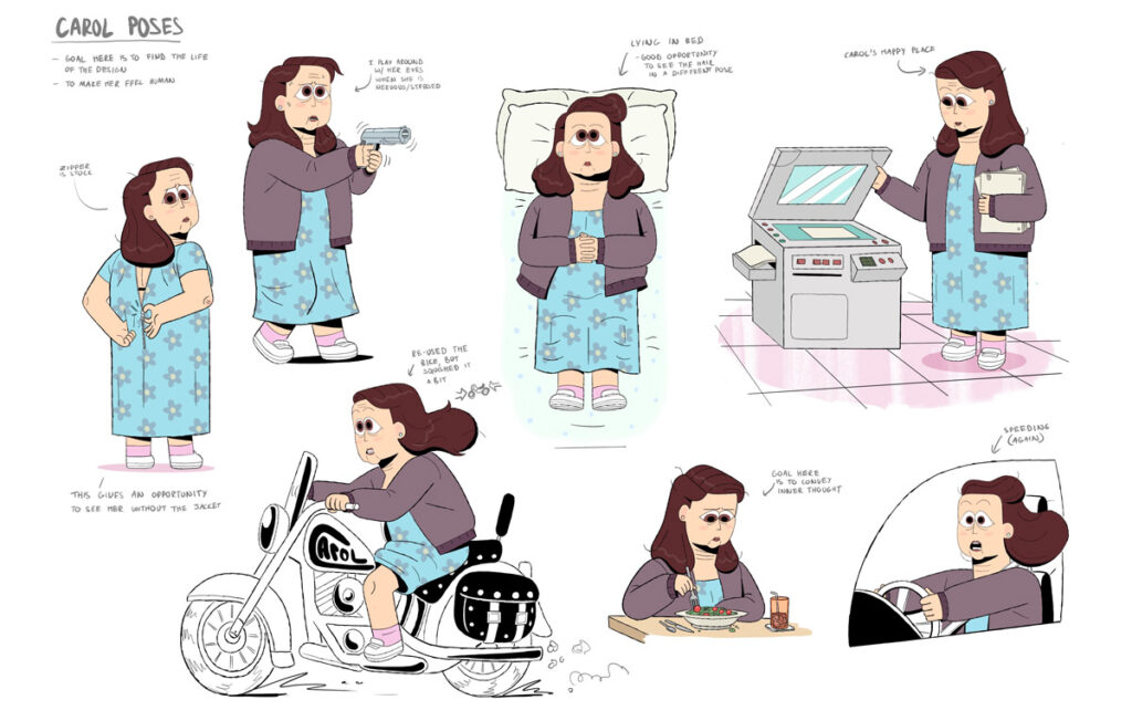 Character sheet of a woman in various poses and actions, including using a wheelchair and interacting with objects