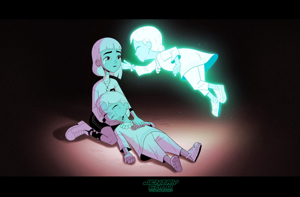 Stylized animated scene of a seated character interacting with a glowing ghost-like figure in a dark environment