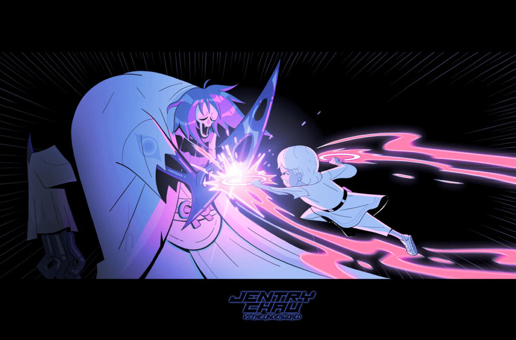 Dynamic animated scene of two characters clashing with glowing energy effects in a high-contrast composition
