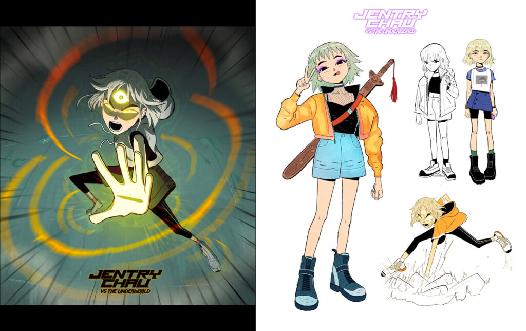 Character concept sheet featuring a stylized girl with multiple poses and an action scene with glowing energy effects